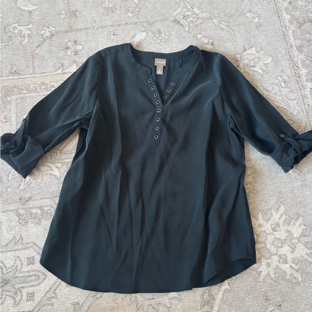 Chico's Dark Blue Blouse with Button Accents